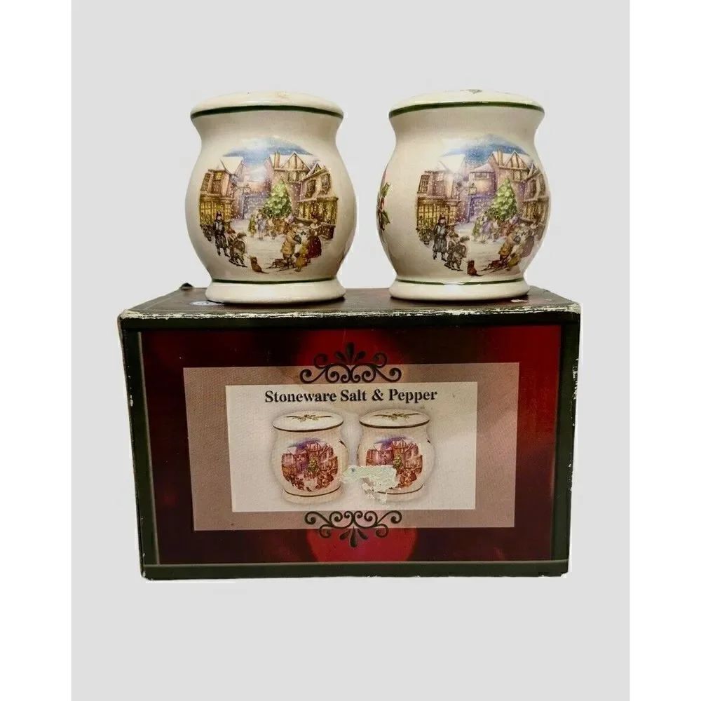 Stoneware CIB Dickens Winter Scene Salt Pepper Shakers Christmas Holidays